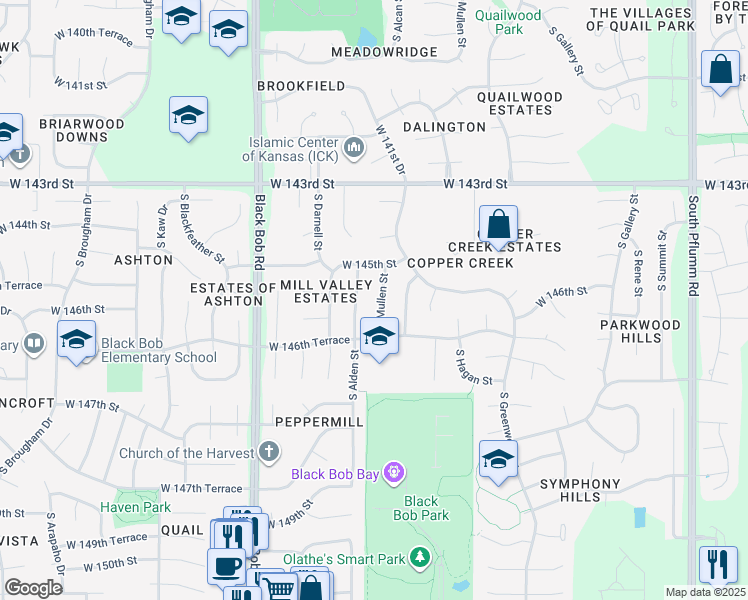 map of restaurants, bars, coffee shops, grocery stores, and more near 14537 South Alden Street in Olathe