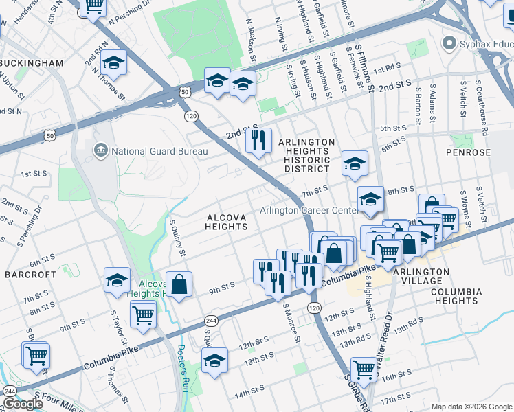 map of restaurants, bars, coffee shops, grocery stores, and more near 3527 7th Street South in Arlington