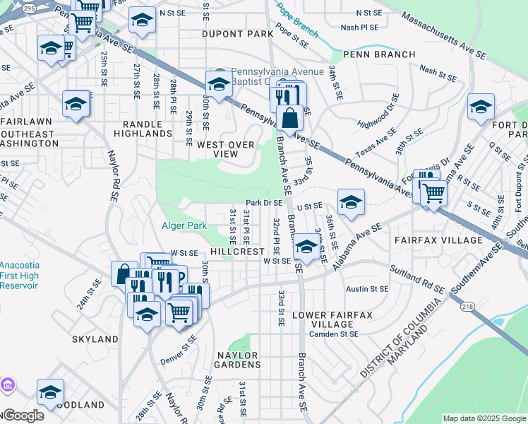 map of restaurants, bars, coffee shops, grocery stores, and more near 2016 32nd Street Southeast in Washington