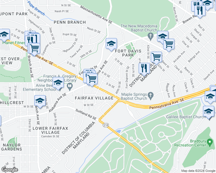 map of restaurants, bars, coffee shops, grocery stores, and more near 3935 S Street Southeast in Washington