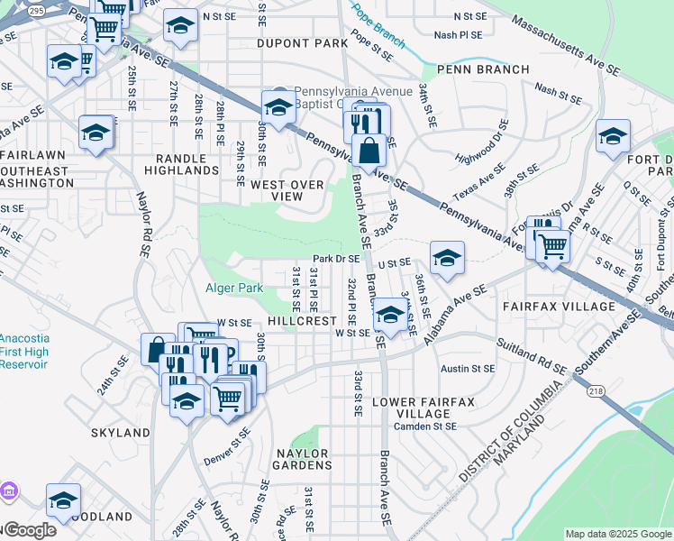 map of restaurants, bars, coffee shops, grocery stores, and more near 2016 32nd Street Southeast in Washington