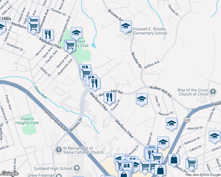 map of restaurants, bars, coffee shops, grocery stores, and more near 5516 Walker Mill Road in Capitol Heights