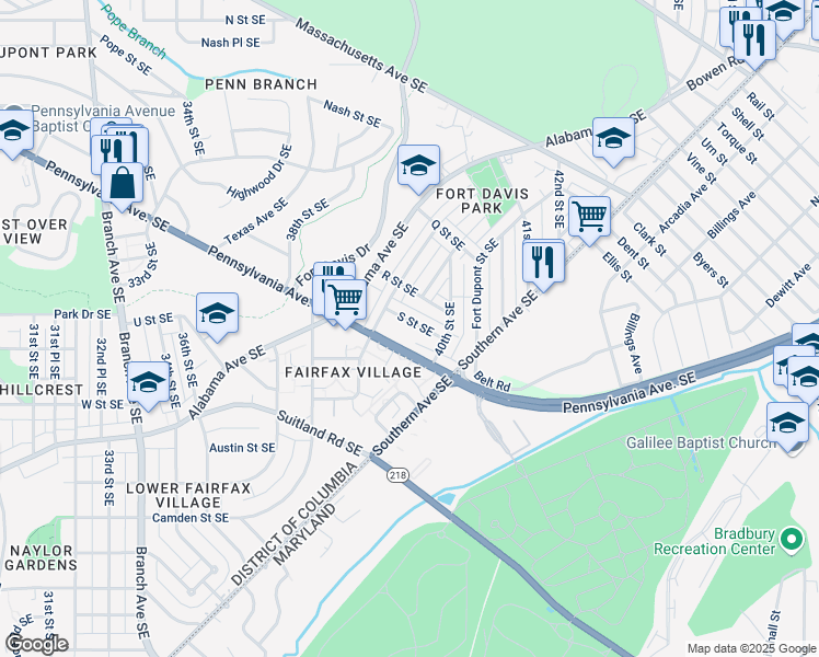 map of restaurants, bars, coffee shops, grocery stores, and more near 3935 S Street Southeast in Washington