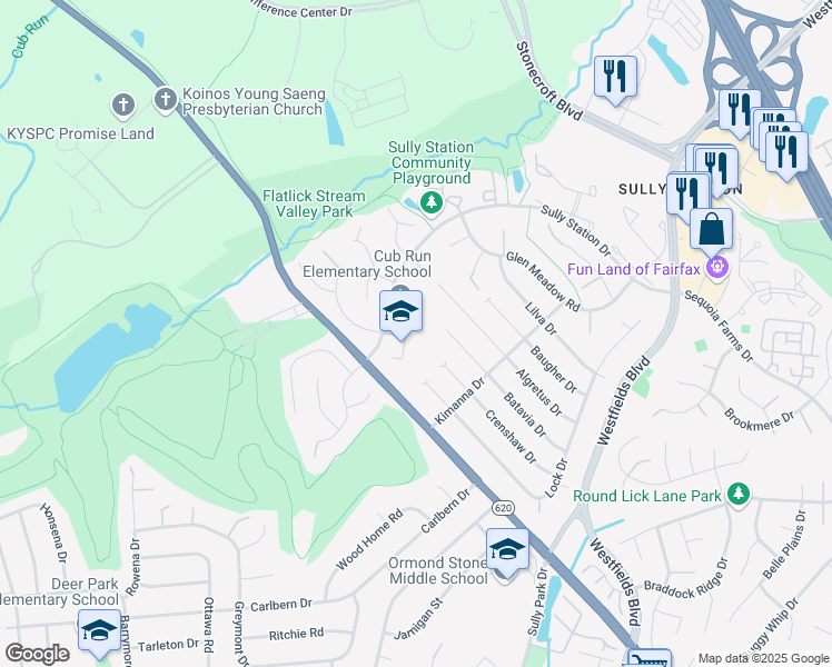 map of restaurants, bars, coffee shops, grocery stores, and more near 5301 Sully Station Drive in Centreville