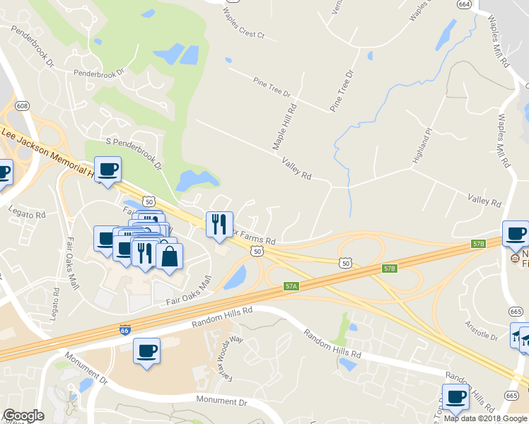 map of restaurants, bars, coffee shops, grocery stores, and more near 3940 Valley Ridge Drive in Fairfax
