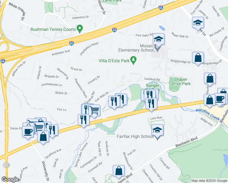 map of restaurants, bars, coffee shops, grocery stores, and more near 10029 Mosby Woods Drive in Fairfax