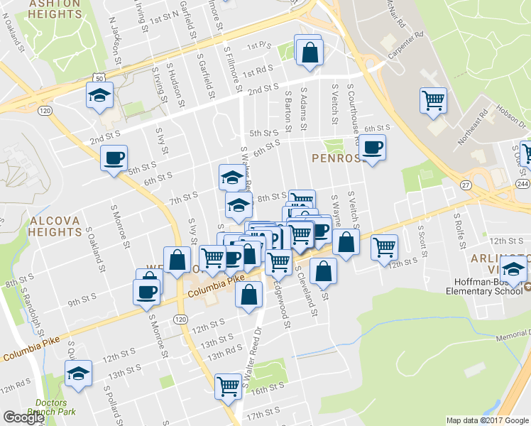 map of restaurants, bars, coffee shops, grocery stores, and more near 805 South Walter Reed Drive in Arlington