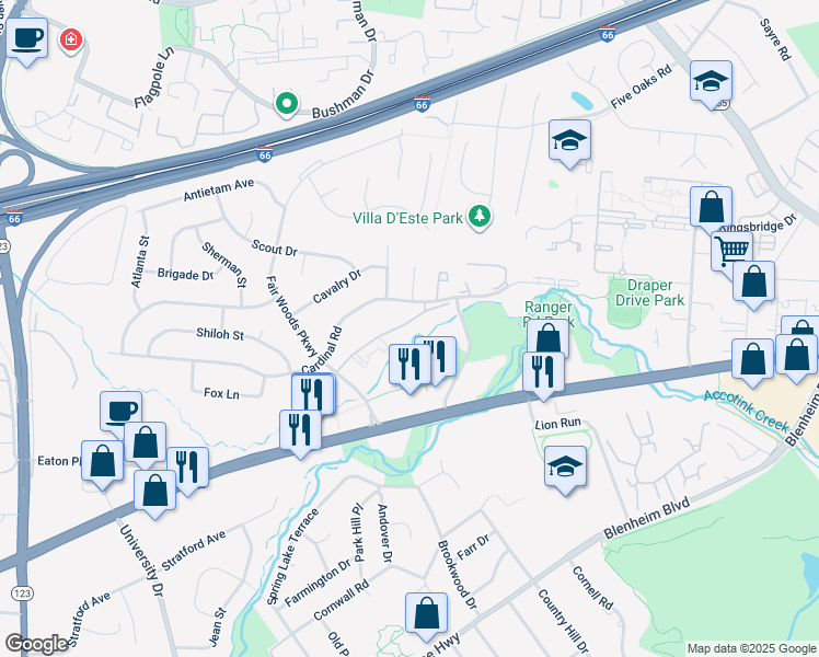 map of restaurants, bars, coffee shops, grocery stores, and more near 10029 Fair Woods Drive in Fairfax