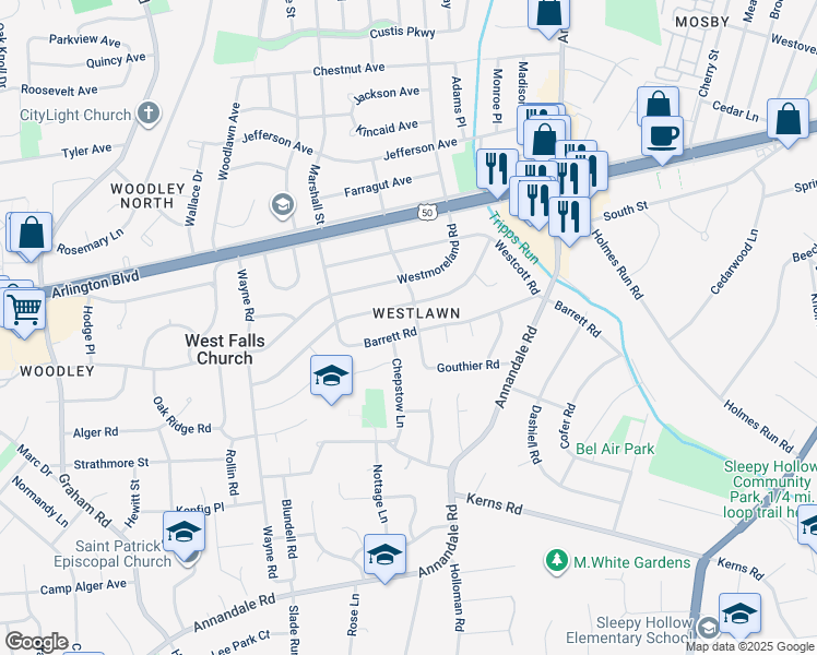 map of restaurants, bars, coffee shops, grocery stores, and more near 6808 Barrett Road in Falls Church