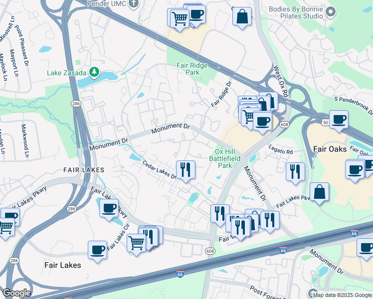 map of restaurants, bars, coffee shops, grocery stores, and more near 4281 Sleepy Lake Drive in Fairfax