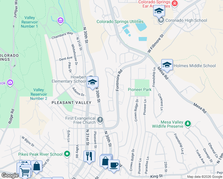 map of restaurants, bars, coffee shops, grocery stores, and more near 1062 Fontmore Road in Colorado Springs