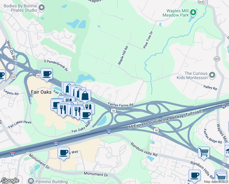 map of restaurants, bars, coffee shops, grocery stores, and more near 3940 Valley Ridge Drive in Fairfax
