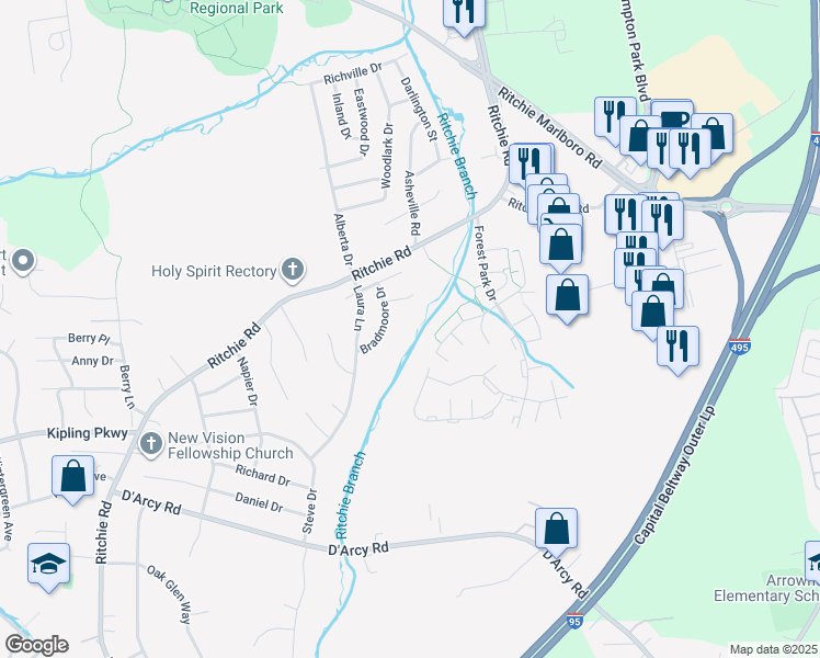 map of restaurants, bars, coffee shops, grocery stores, and more near 8301 Laura Lane in District Heights