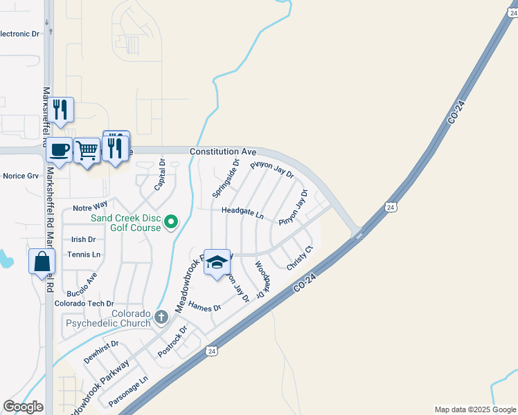map of restaurants, bars, coffee shops, grocery stores, and more near 2210 Woodpark Drive in Colorado Springs