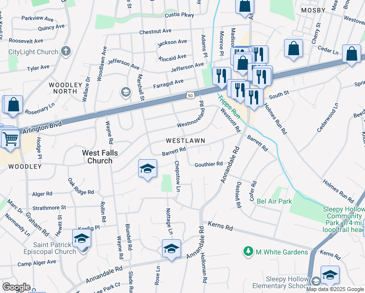 map of restaurants, bars, coffee shops, grocery stores, and more near 6808 Barrett Road in Falls Church