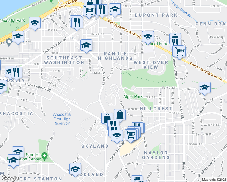 map of restaurants, bars, coffee shops, grocery stores, and more near 2729 Fort Baker Drive Southeast in Washington