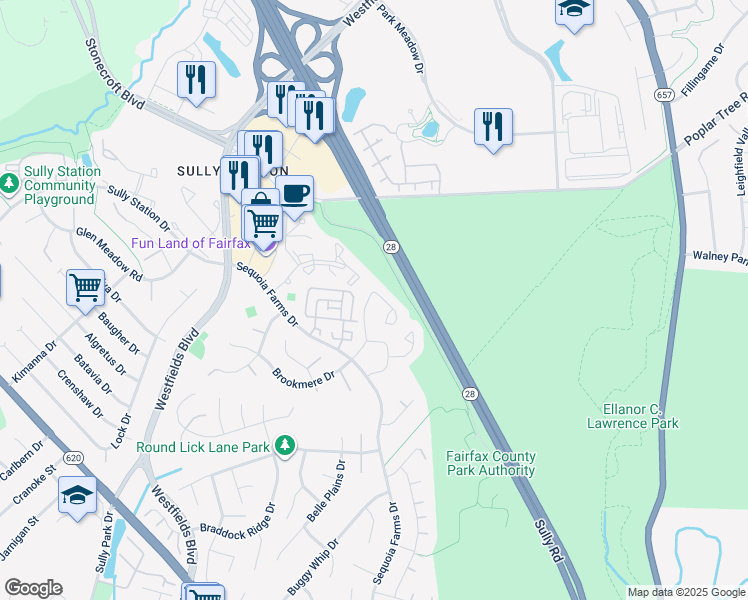 map of restaurants, bars, coffee shops, grocery stores, and more near 5155 Woodfield Drive in Centreville