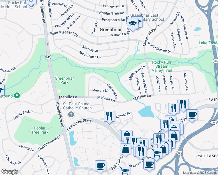 map of restaurants, bars, coffee shops, grocery stores, and more near 13118 Madonna Lane in Fairfax