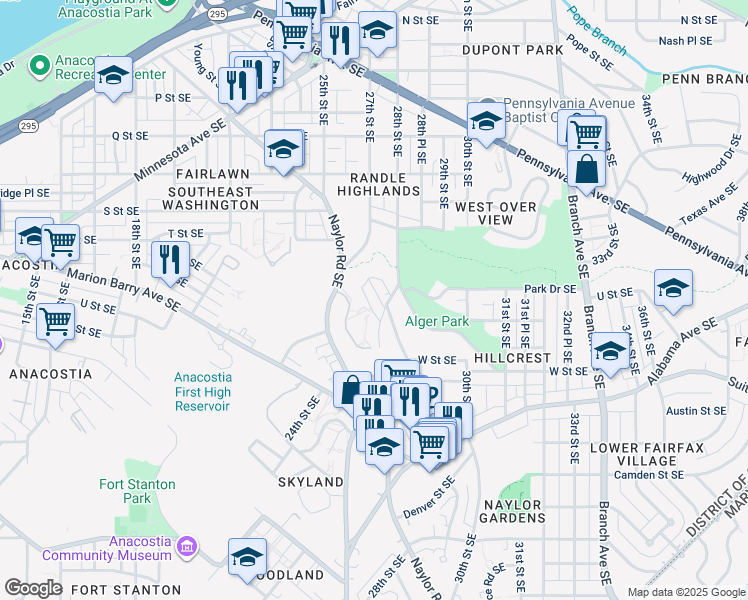 map of restaurants, bars, coffee shops, grocery stores, and more near 2729 Fort Baker Drive Southeast in Washington