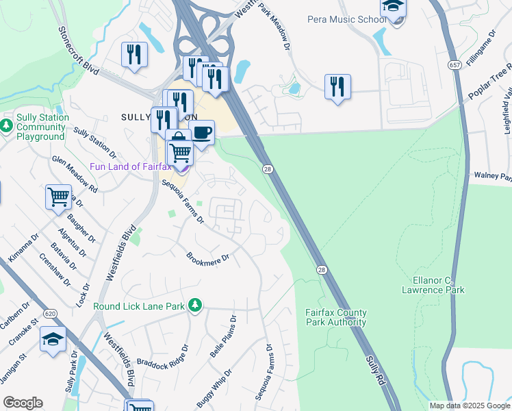 map of restaurants, bars, coffee shops, grocery stores, and more near 5155 Woodfield Drive in Centreville