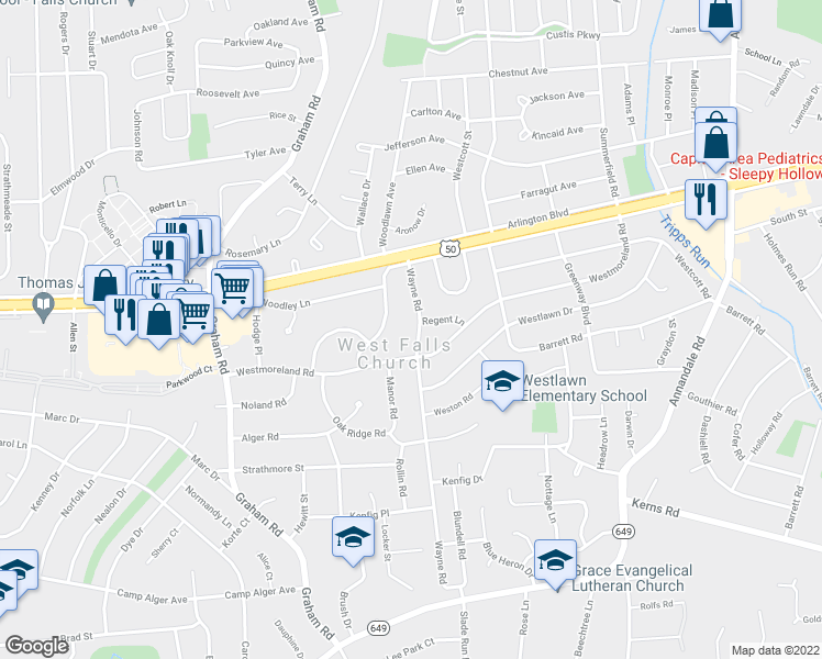 map of restaurants, bars, coffee shops, grocery stores, and more near 3102 Wayne Road in Falls Church