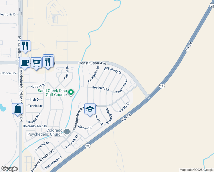 map of restaurants, bars, coffee shops, grocery stores, and more near 2210 Woodpark Drive in Colorado Springs