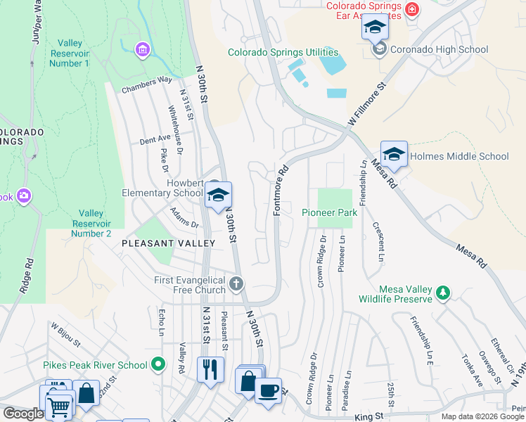 map of restaurants, bars, coffee shops, grocery stores, and more near 1062 Fontmore Road in Colorado Springs