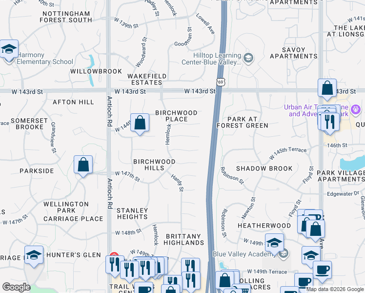 map of restaurants, bars, coffee shops, grocery stores, and more near 8113 West 145th Street in Overland Park