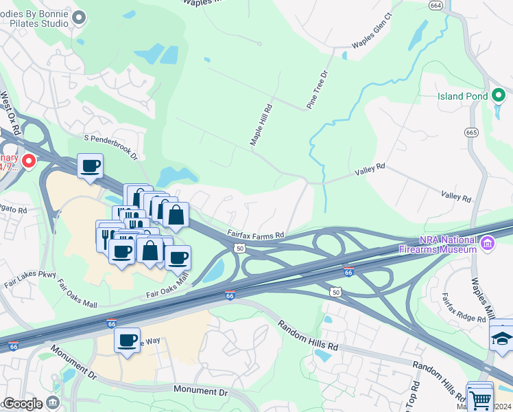 map of restaurants, bars, coffee shops, grocery stores, and more near 3909 Valley Ridge Drive in Fairfax