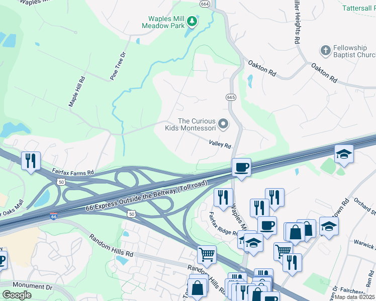 map of restaurants, bars, coffee shops, grocery stores, and more near 3804 Millard Way in Fairfax
