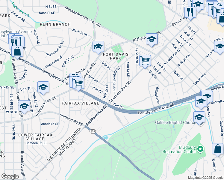 map of restaurants, bars, coffee shops, grocery stores, and more near 1663 Fort Dupont Street Southeast in Washington