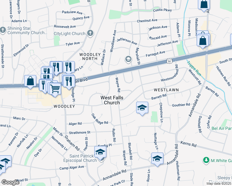 map of restaurants, bars, coffee shops, grocery stores, and more near 3102 Wayne Road in Falls Church