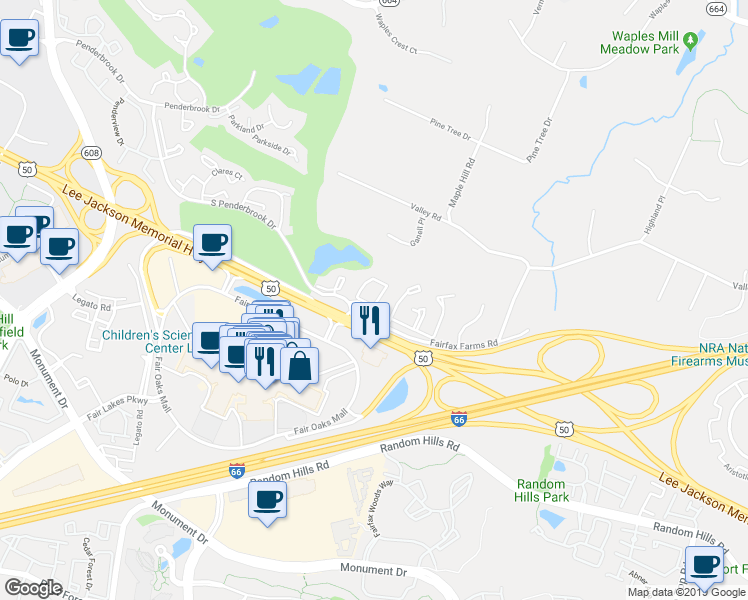 map of restaurants, bars, coffee shops, grocery stores, and more near 11799 Valley Ridge Circle in Fairfax