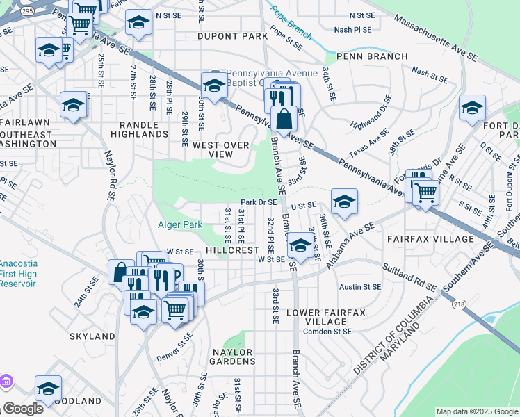 map of restaurants, bars, coffee shops, grocery stores, and more near 2008 32nd Street Southeast in Washington
