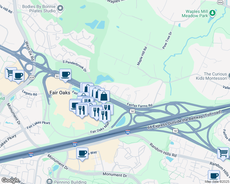 map of restaurants, bars, coffee shops, grocery stores, and more near 11799 Valley Ridge Circle in Fairfax