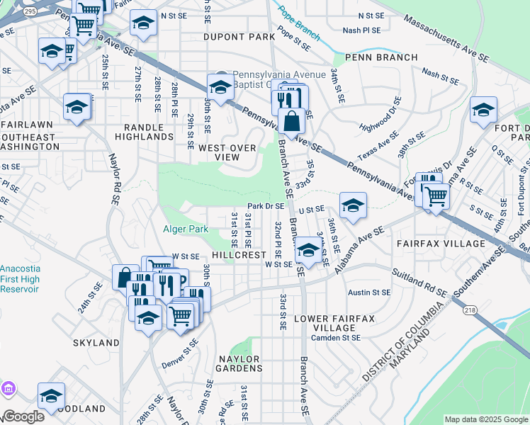 map of restaurants, bars, coffee shops, grocery stores, and more near 2008 32nd Street Southeast in Washington
