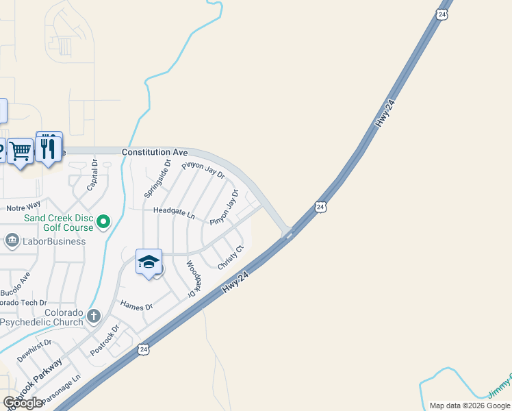 map of restaurants, bars, coffee shops, grocery stores, and more near 8771 Zebra Point in Colorado Springs