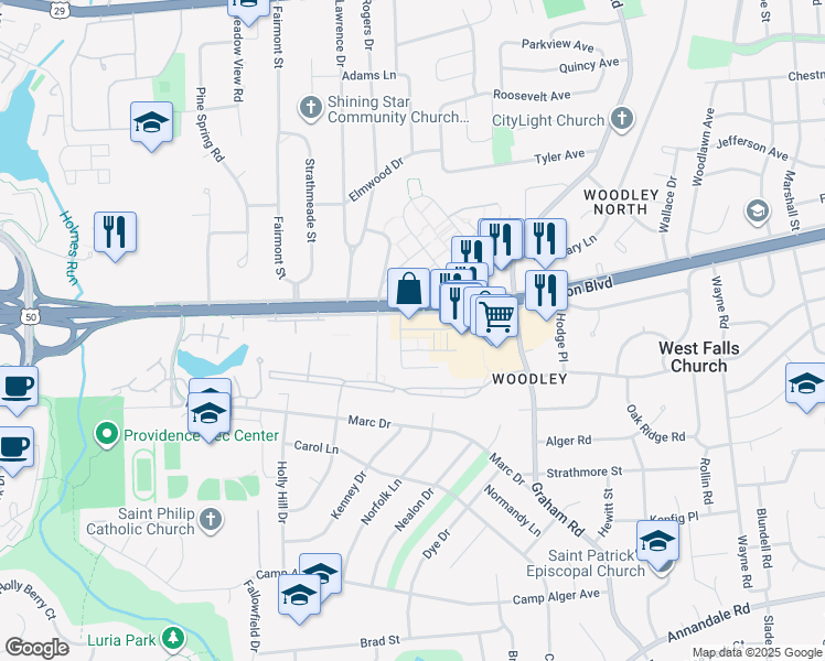 map of restaurants, bars, coffee shops, grocery stores, and more near 7309 Arlington Boulevard in Falls Church
