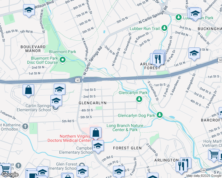 map of restaurants, bars, coffee shops, grocery stores, and more near 5330 1st Street South in Arlington