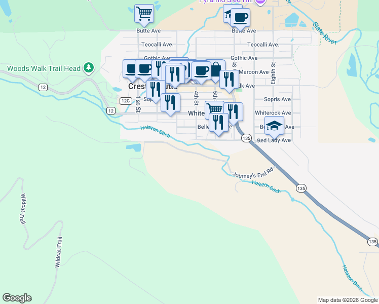 map of restaurants, bars, coffee shops, grocery stores, and more near Journey's End Road in Crested Butte