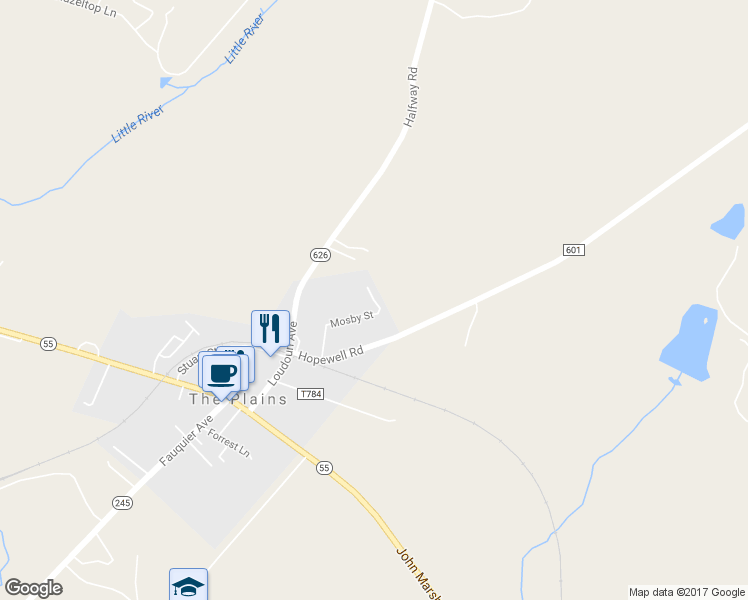 map of restaurants, bars, coffee shops, grocery stores, and more near 4199 Mosby Street in The Plains