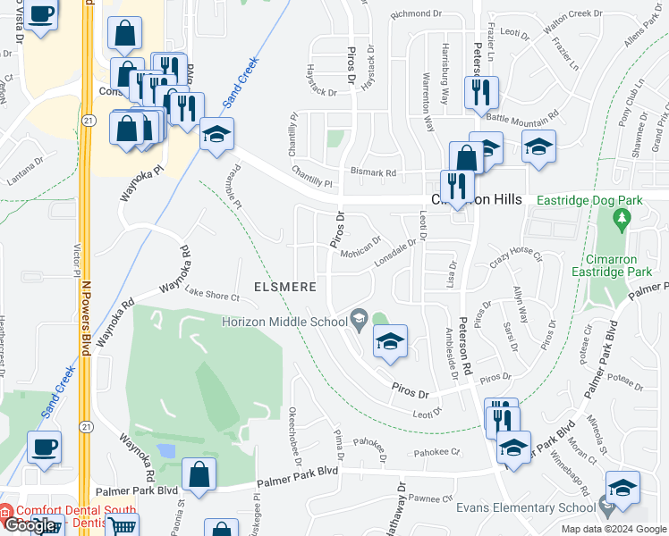 map of restaurants, bars, coffee shops, grocery stores, and more near 6410 Lonsdale Drive in Colorado Springs