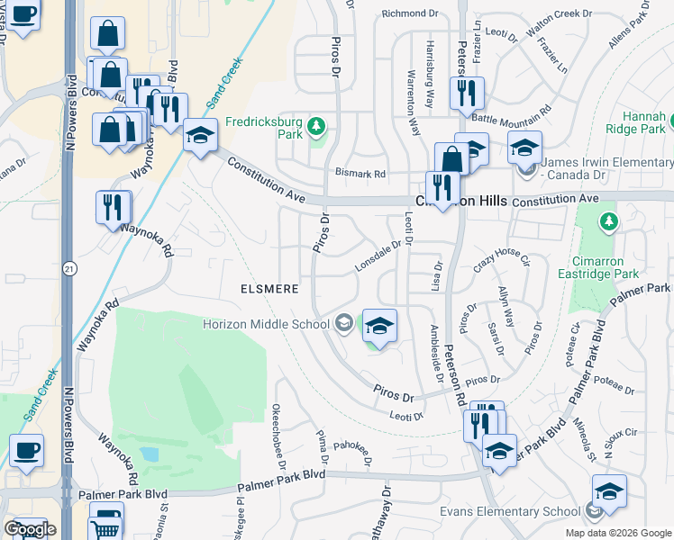 map of restaurants, bars, coffee shops, grocery stores, and more near 6455 Lonsdale Drive in Colorado Springs