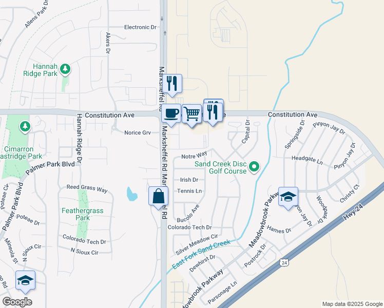 map of restaurants, bars, coffee shops, grocery stores, and more near 7917 Notre Way in Colorado Springs