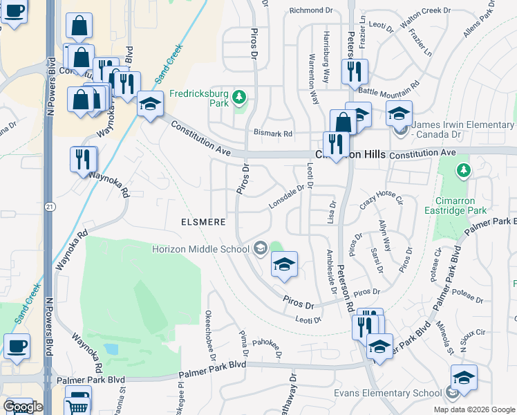 map of restaurants, bars, coffee shops, grocery stores, and more near 6455 Lonsdale Drive in Colorado Springs