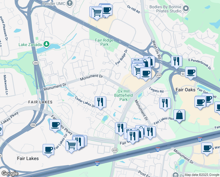 map of restaurants, bars, coffee shops, grocery stores, and more near 12335 Strong Court in Fairfax