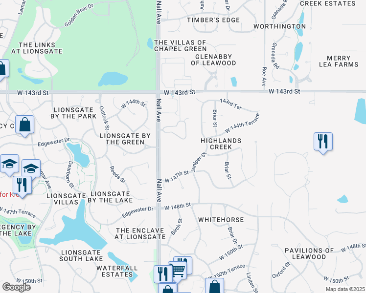 map of restaurants, bars, coffee shops, grocery stores, and more near 5405 West 145th Terrace in Leawood
