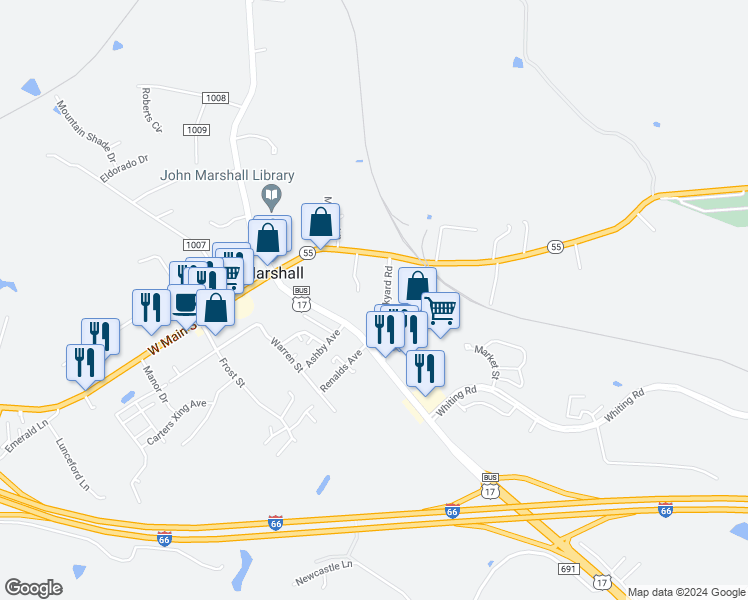 map of restaurants, bars, coffee shops, grocery stores, and more near 4178 Old Stockyard Road in Marshall