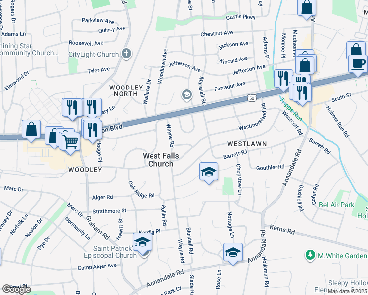 map of restaurants, bars, coffee shops, grocery stores, and more near 6931 Regent Lane in Falls Church