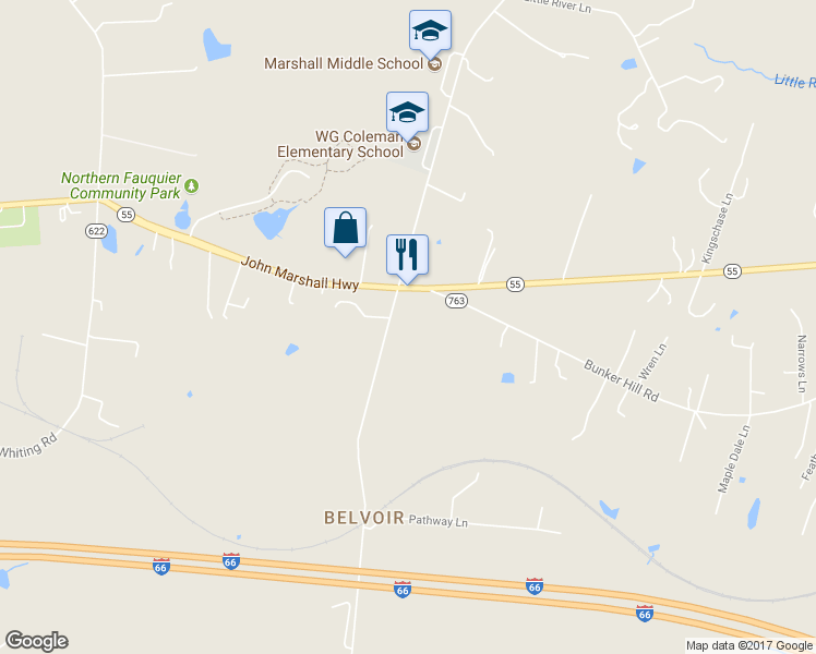 map of restaurants, bars, coffee shops, grocery stores, and more near 4177 Belvoir Road in Marshall